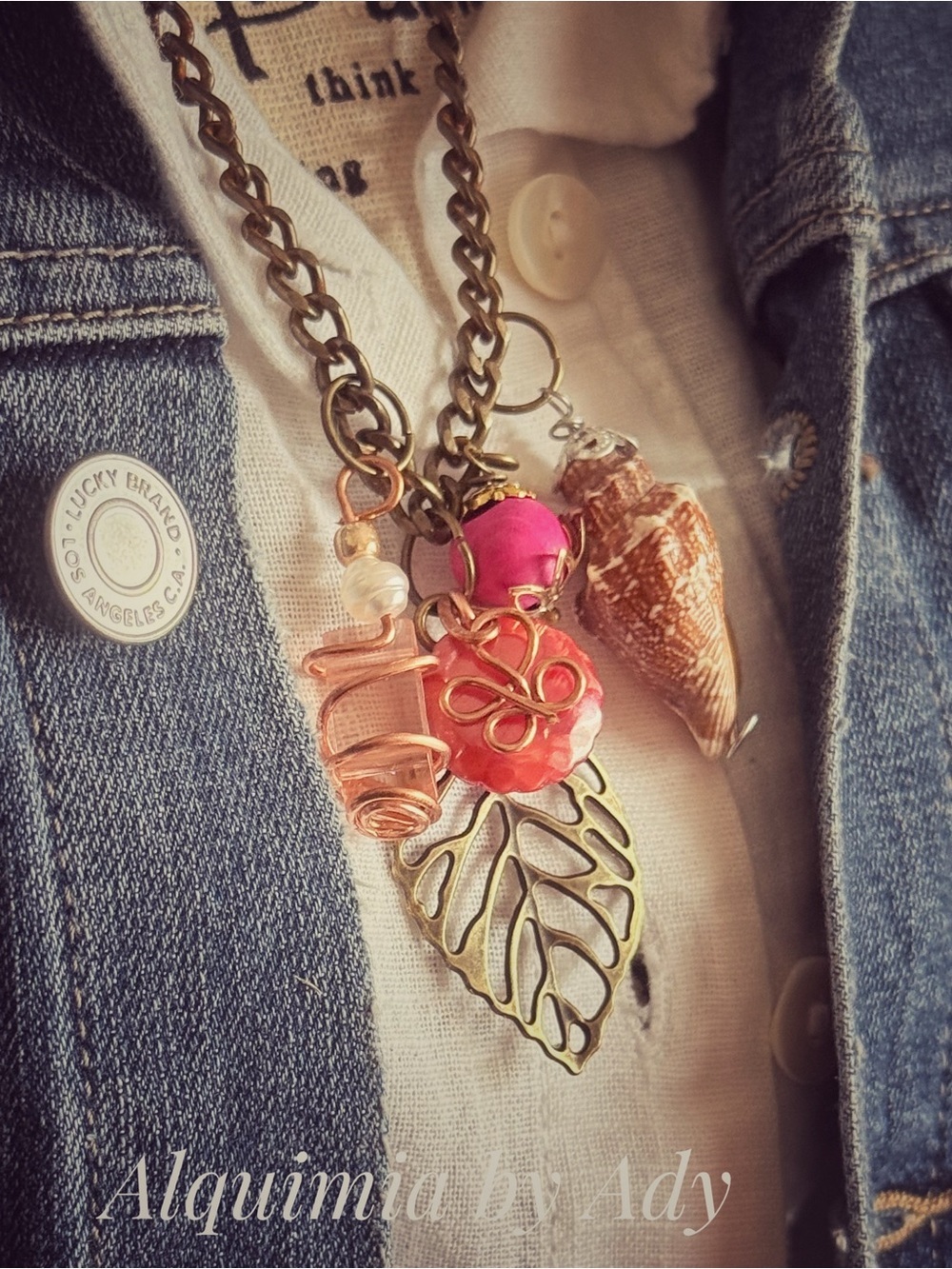BRUTALIST Pink and Peach Boho Leaf Charm Necklace
